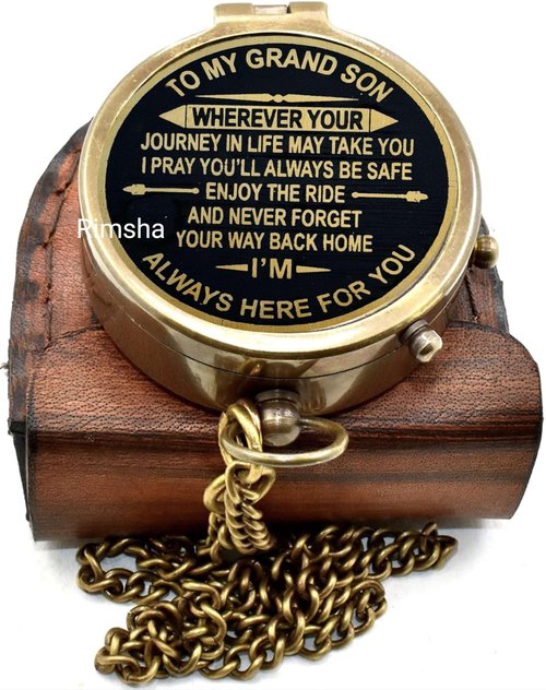 to My Grand Son Always Here for You Brass Compass Gift for Grandson Engraved Quote, Memory Present to My Grandson Birthday, Baptism, Graduation, Love, Gift idea by Grandpa Grandma
