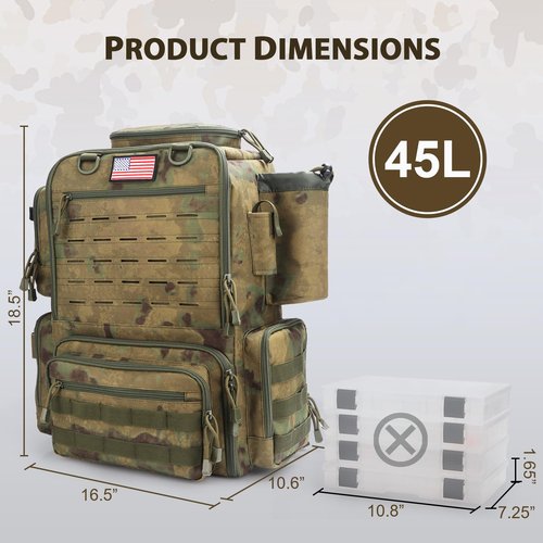 FunVZU Fishing Backpack, Fishing Tackle Backpack with Rod Holders for 4 Boxes (Box Not Included) 45L Waterproof Fishing Gear, Ideal for Men and Women Tackle Box Bag (Forest Green Camo)