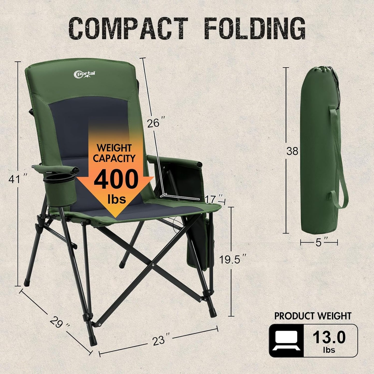 PORTAL Oversized Folding Camping Chair High Back Portable Lawn Chairs for Adults Outdoor Sports with Hard Armrest Cup Holder，Supports 400LBS Black