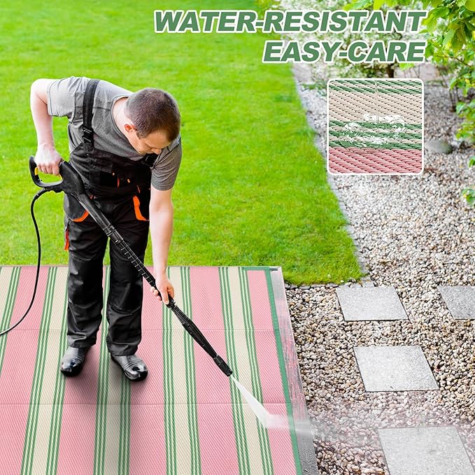 Lahome Striped Outdoor Rug Waterproof, 6x9 Reversible Outdoor Plastic Straw Rug for Camping, RV Patio Rugs Large Carpet for Porch Deck Backyard Balcony Picnic(Pink/Green,6'x 9')