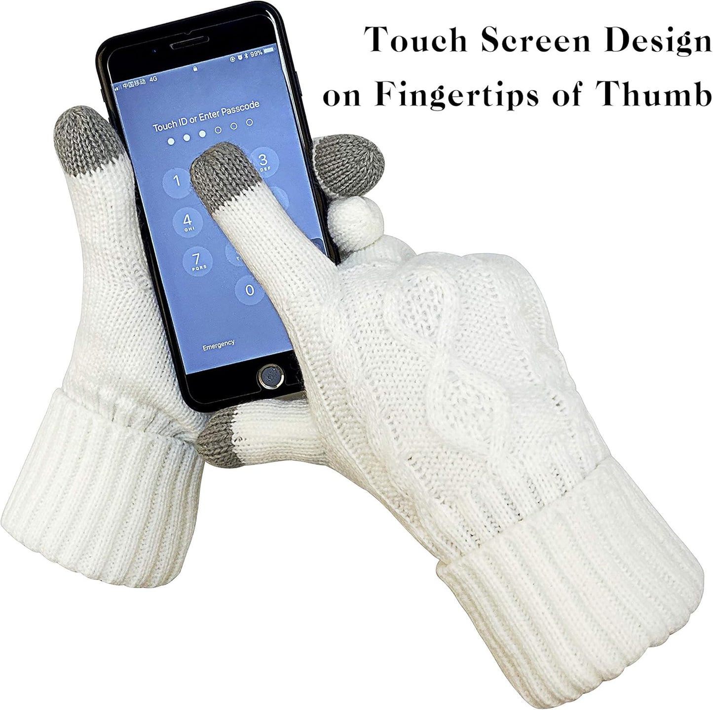 Winter Hat Gloves Scarf Set for Women, Cable Knit Beanie Pom Cap Touch Screen Glove Long Scarf 3PCS Winter Gift for Women Men