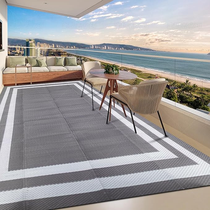 9'x 12' Outdoor Rug,Waterproof Reversible Patio Rugs,9x12 ft Plastic Straw Outdoor Carpet Foldable Plastic Camping Mat for Outside RV, Patio,Picnic,Camper,Balcony,Porch(Gray&White)