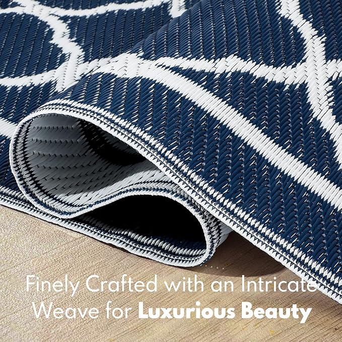Waterproof Outdoor Rug 6x9 ft, Reversible Plastic Straw Rug, Easy to Clean Patio Rug, Portable Carpet for Patio, RV, Deck, Balcony, Backyard, Picnic, Beach, Clover, Navy Blue