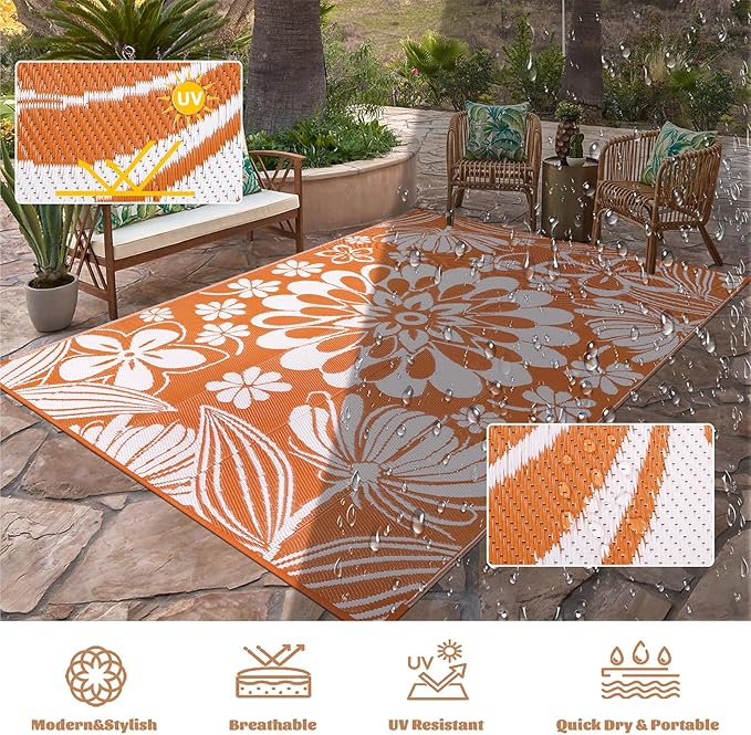 Ileading Outdoor Plastic Straw Rug 9x12ft Funny Floral Style Reversible Patio Area Rugs Waterproof Non Shedding Portable Carpets Large RV Rugs for Outside Deck Pool Beach Picnic Camping (Orange)