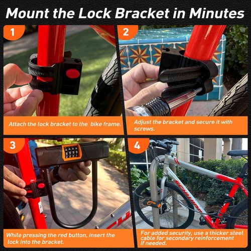 RunPig Bike U Lock with Steel Cable, Heavy Duty Anti-Theft Bike U Lock, 4-Digit Resettable Combination Lock for Bicycle, E-bike, Motorcycle, Escooter, Electric Moped Lock, Bike Accessories, Combo Lock