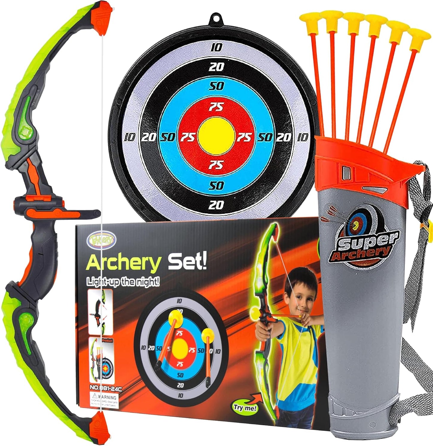 Toysery Kids Archery Set with LED Flash Lights, Toy Bow and Arrow Set for 6-8 Years Old Boys, Includes Archery Bow, 6 Archery Arrows, Target, Quiver - Great for Youth Practice
