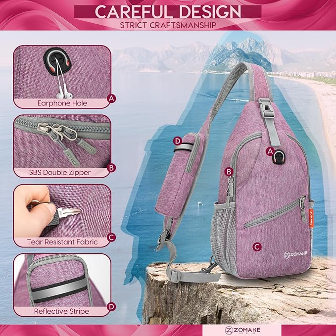 ZOMAKE Small Sling Bag, Travel Sling Backpack, Waterproof Hiking Cycling Crossbody pack for Men Women(Purple)