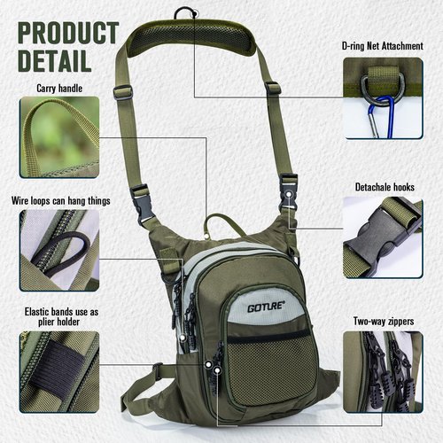 Goture Fly Fishing Chest Pack, Lightweight Chest Pack Tackle Storage Bag, Fly Fishing Waist Pack, Fly Fishing Bag with Adjustable Padded Waist Strap and Neck Strap, Fits Up to 2 Tackle/Fly Boxes