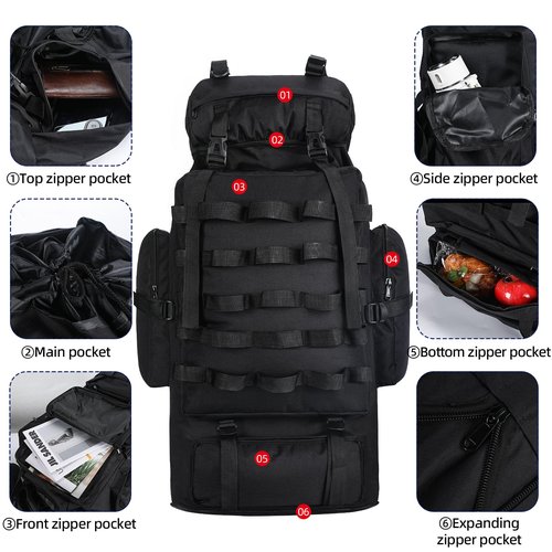 LibSkyln 70L/100L Camping Hiking Backpack with Rain Cover, Expandable Large Military Tactical Backpack, Waterproof Molle Racksack Travel Backpacking Daypack for Climbing Trekking (Black)