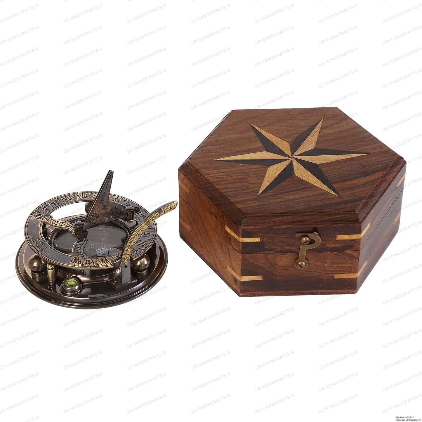Vintage Brass Sundial Compass – Engraved Navigation Instrument with Wooden Case & Calendar – Baptism Gift for Son, Loved Ones, Camping & Hiking