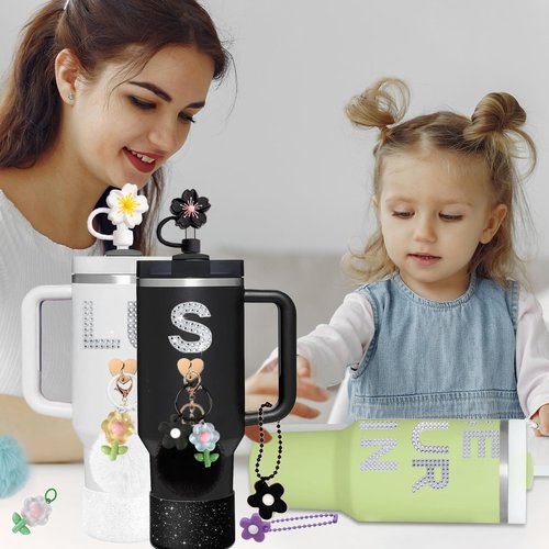 SDIDVIEXPERT Accessories for Stanley Cup,Rhinestone Letter Stickers Silicone Flower Straw Cover Cup Boot Cute Colorful Flowers Charms Pompom Ball Keychain for Stanley 40oz and 30oz Tumbler(Black)