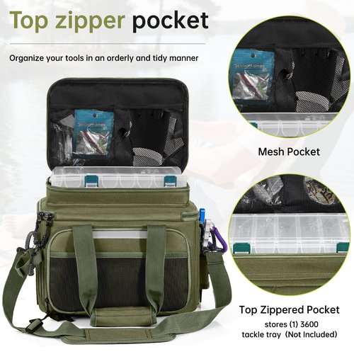 FREEAMG Fishing Tackle Bags - Saltwater & Freshwater Fishing Bag - Padded Shoulder Strap Fishing Bags - Gear Storage for Tackle Box (Green) (Does not come with box)