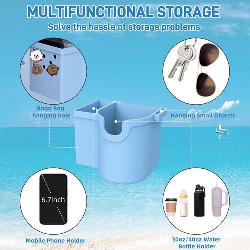 Sufeasdf Bogg Bag Accessories, Bogg Bag Cup Holder, with Silicone Cup Holder, Phone Holder and Sunglasses Holder, Waterproof and Sandproof for Small Bogg Bag & XL Bogg Bag (Blue), 5.23x3.97x4.01inch