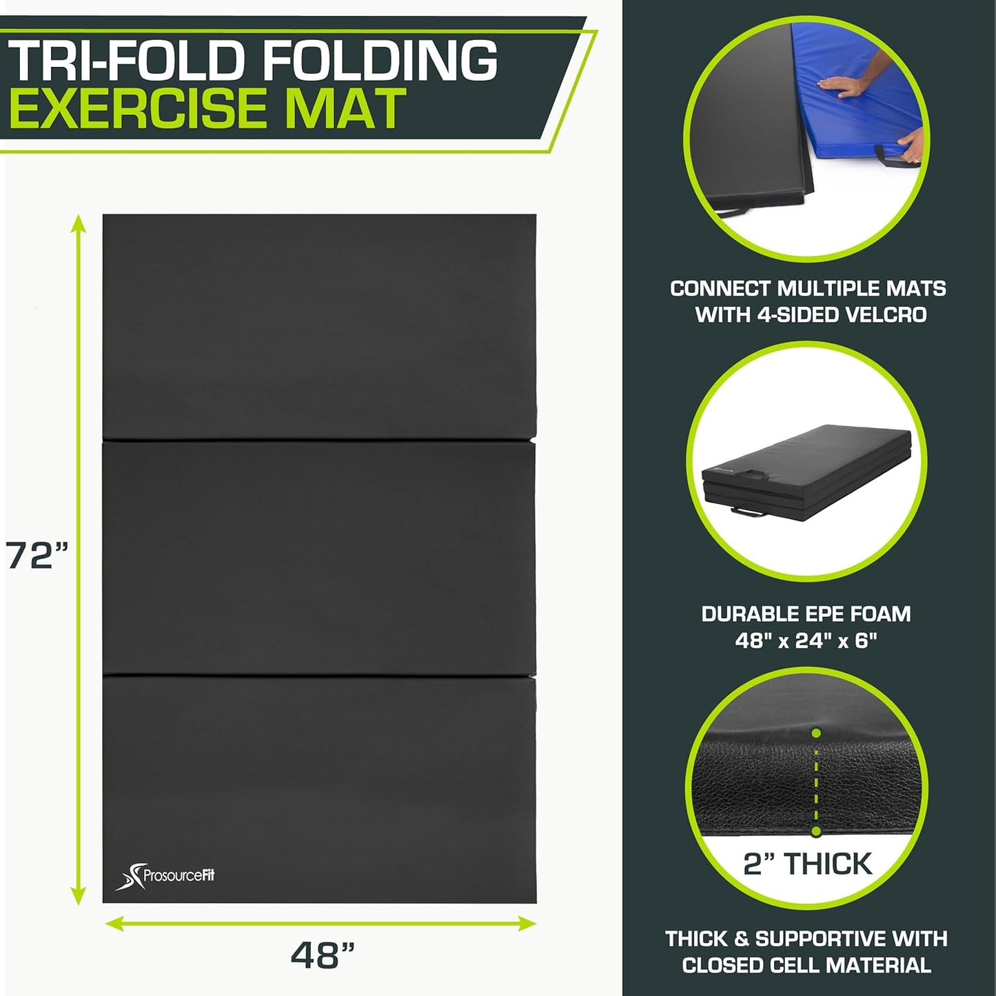 ProsourceFit Tri-Fold Folding Thick Exercise Mat 6’x4’ with Carrying Handles for Tumbling, Martial Arts, Gymnastics, Stretching, Core Workouts, Blue