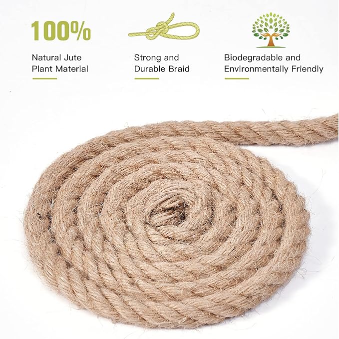Jute Rope 1/2 Inch 50 Feet, Heavy Duty Natural Hemp Rope, Twisted Hemp for Crafts, Gardening, Bundling, Climbing, Hammock, Nautical, Tug of War, Railings, Home Decorating