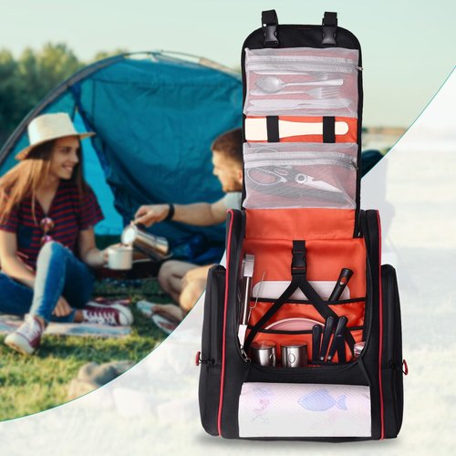 GHWMYD Camping Organizer for Outdoor Kitchen Storage, Large Hanging Cookware Backpack with Paper Towel Holder, Multi Pockets Camp Utensil Containers for BBQ Grill Cooking Essential Tools, Bag Only