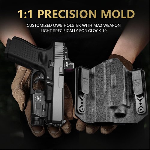 WARRIORLAND MA2 Universal Rail Mounted 800 Lumens Pistol Light with Glock 17/19 OWB Kydex Holster Combo, Magnetic USB Charging Tactical Light with Screen Displays Battery Status