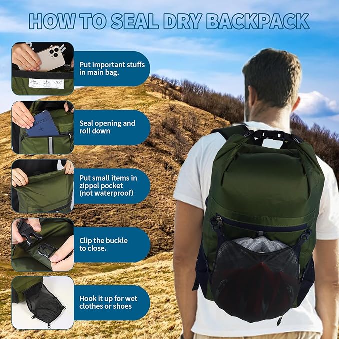 Dry Bag Backpack,20L Dry bags Waterproof Kayaking with Waist Pouch and Phone Case,Waterproof Backpack Marine dry bag for Kayaking,Beach,Rafting, Boating,Hiking,Camping and Fishing (Green)