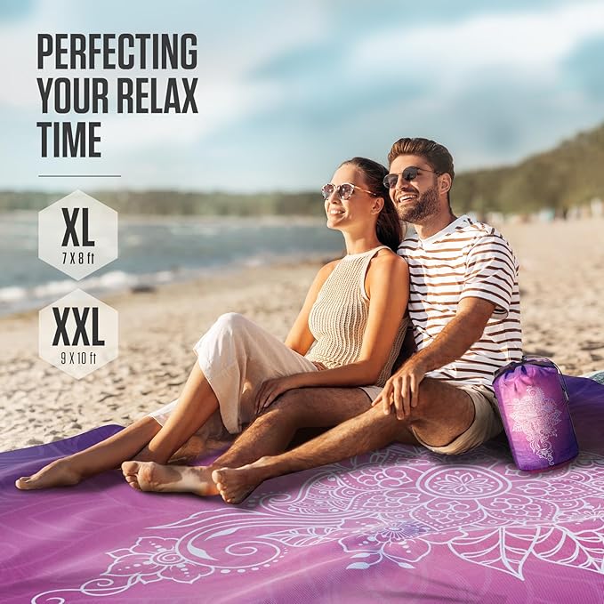 VENTURE 4TH Family-Size Beach Blanket: Sandproof, Waterproof, Lightweight & Compact. Includes Stakes and Carry Bag. 7x8 feet XL Purple Mandala
