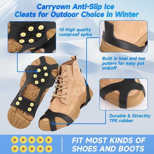 Ice Cleats for Boots Shoes, Ice Shoe Grips Anti Slip for Men Women, Rubber Snow Cleats, Spikes Crampons for Hiking Boots and Shoes + 10 Extra Replacement Studs (S, M, L, XL)