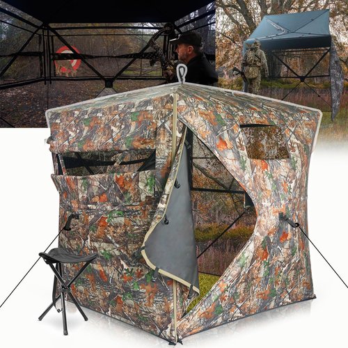 Zoebruzer Pop-Up Hunting Blind with Seat & Carrying Bag, 2-3 Person 300D Ground Blind, 270° View Portable Camo Tent for Deer & Turkey Hunting, Durable & Lightweight Design