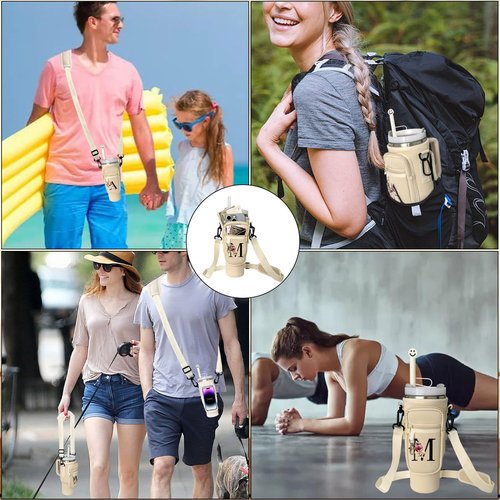 BERITNI Water Bottle Holder with Adjustable Strap Compatible for Stanley 40oz Tumbler with Handle, Initial M Water Bottle Carrier Bag with Phone Pocket for Stanley Cup Accessories