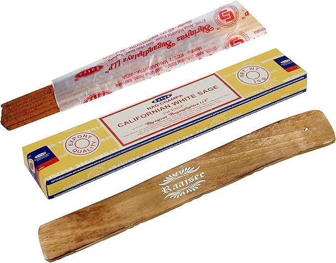 Satya White sage Incense Sticks, Satya sai Baba Insenses 15gmx3 (45 gm) Pack with Raajsee Incense Holder Bundle, Satya Nag Champa Natural Incense