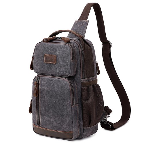 BOVIP Sling Bag for Men - Crossbody Chest Shoulder Bag Waterproof Waxed Canvas Sling Backpack - Casual Daypack for Travel, Black, Gray