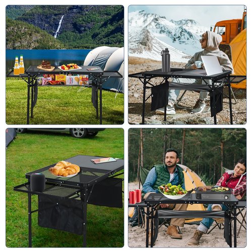 CDEN Camping Table, Grill Table, Folding Outdoor Table with Charging Station, Solar Panel, USB Type-C DC outlets, for Phone provided, 42W Output, 2 Side Shelves, mesh net, Cup Holder