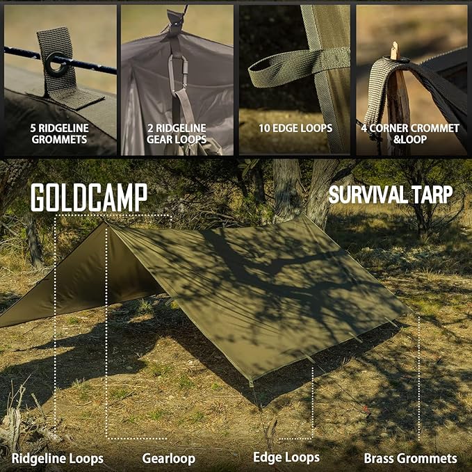 GOLDCAMP Waterproof Camping Tarp，70D Nylon 10''X10'' Hammock Rain Fly ，UV 50+ and PU15000mm Tent Tarp Shelter Canopy，Heavy Duty Multifunctional Sun Shade or Rain Fly Essentials for Hiking Backpacking