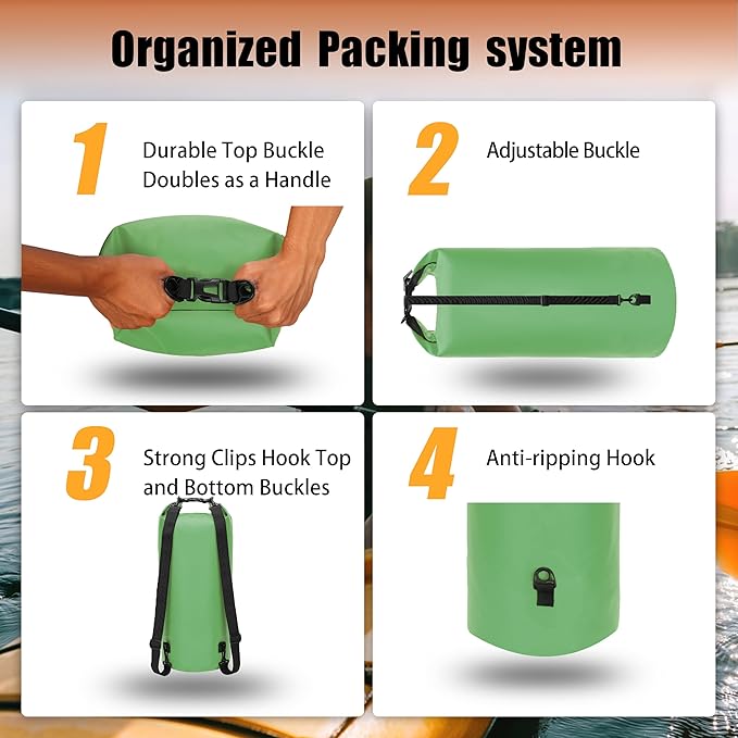 8 Fans Dry Bag Backpack Waterproof,50L Roll Top Bag with Phone Case, Perfect for Floating,Travel,Swimming,Boating,Kayaking,Camping,and Beach Activities(Air Release Valves, Green)
