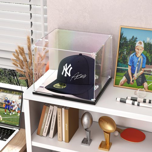 KOLIPI Hat Display Case, Clear Acrylic Hat Box with Mirror Base, Display Case for Baseball Cap, Snapback Caps, Mini Helmet (8.7x7.9x7.1 inch, 22x20x18 cm)