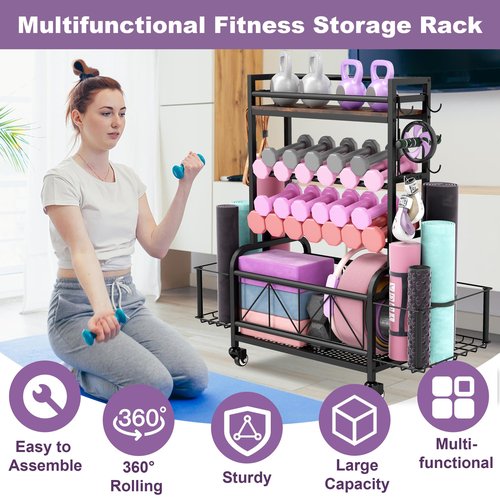 Qriocioa Dumbbell Rack, Home Gym Storage, Gym Storage Rack with Hooks and Wheels,Gym Equipment Storage,Weight Rack for Dumbbells for Organizing Yoga Mats, Kettlebells,Dumbbells, Foam Rollers and ball