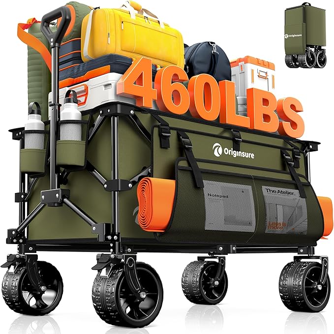 220L Collapsible Wagon Cart Foldable, 460LB Load Capacity Heavy Duty Folding Beach Wagons with Big All-Terrain Wheels, Utility Carts for Groceries, Shopping, Camping, Sports - Green