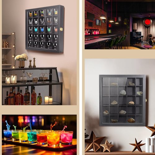 tutata Shot Glass Display Case, 25 Slots Shot Glass Holder with Door, Wall Mounted Shot Glass Storage Case, Black, TBCL07