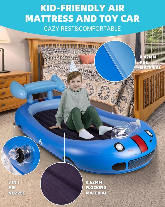 Inflatable Toddler Travel Bed with Avocado Hugging Pillow, Lightweight Portable Raised Sides Racecar Toddler Air Mattress, Kids Blow Up Mattress for Home, Hotel, Camping Use, 300 lbs Max