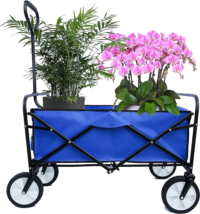Collapsible Folding Wagon Garden Shopping Beach Cart,Heavy Duty Utility Buggy with Big Wheels,Adjustable Handle and Cup Holder,for Sand,Camping,Outdoor,40.55",Blue