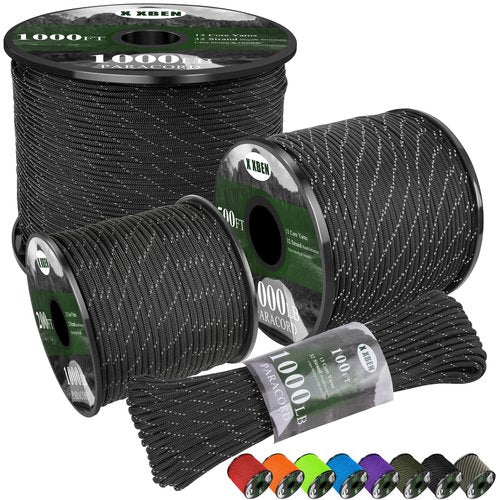 X XBEN Paracord Reflective 1000lb, 50/100/200/500/1000ft 4mm, 13 Strand Parachute Spool Cord, Heavy Duty Paracord Rope for Camping, Fishing, Hiking, Hunting, DIY Crafts, Black