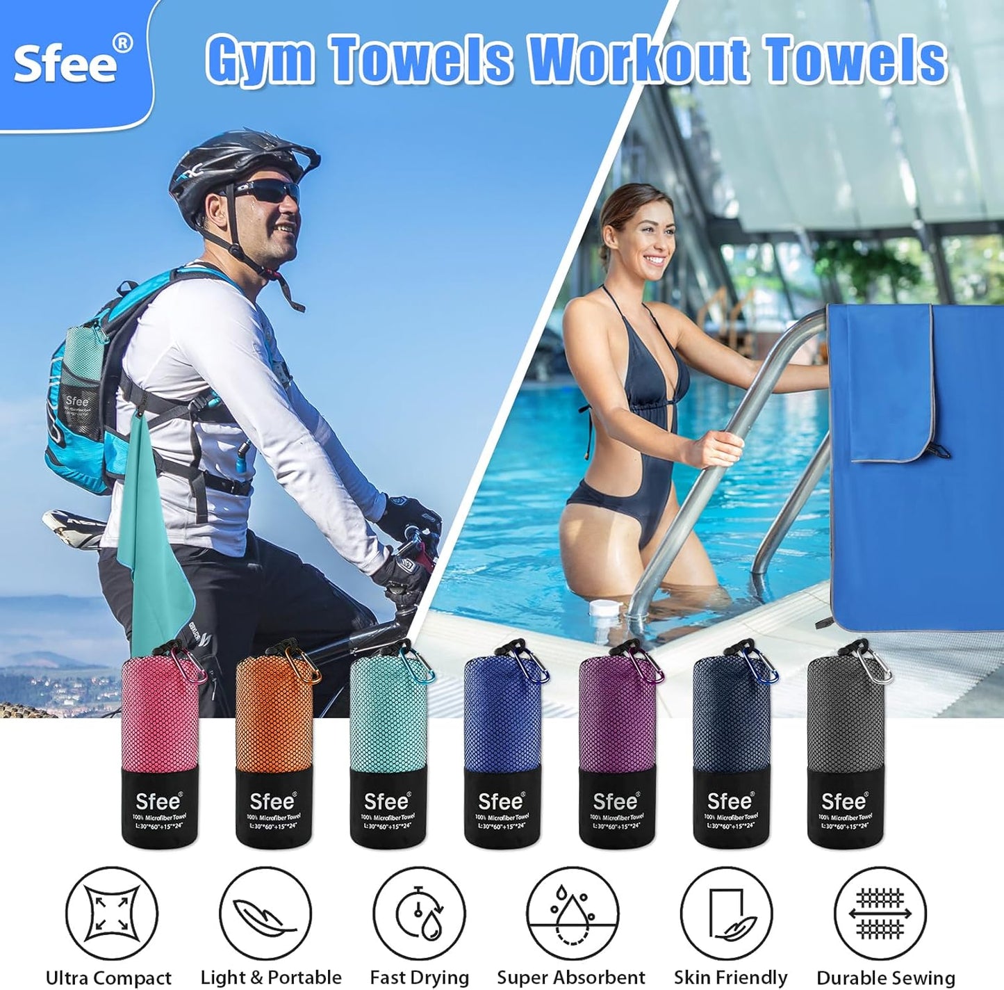 Sfee 2 Pack Microfiber Travel Towel, Quick Dry Camping Towel Super Absorbent Compact Lightweight Sports Gym Towels Set for Gym, Hiking, Pool, Backpacking, Bath, Yoga