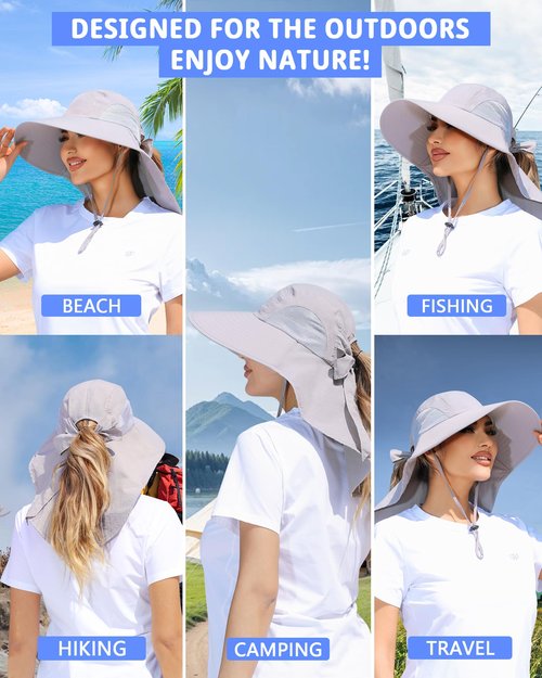 SENWAI Womens Sun Hat Outdoor UV Protection Wide Brim Fishing Hat with Ponytail Hole Neck Flap for Beach Hiking Camping, Light Gray