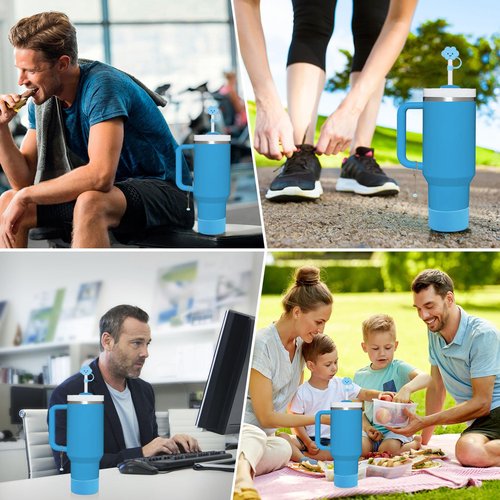 5 PCS Stanley Cup Accessories - Including Water Bottle Silicone Cup Boot for 30/40 oz Tumbler with Handle, 0.4in (10mm) Straw Toppers, Cute Handle Charms (Blue)