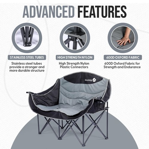 AeroWild Double Folding Chair – Portable Loveseat for 2 Adults with 600 lbs Support – Water & UV Resistant Folding Outdoor Chair for Beach, Picnic, Camping