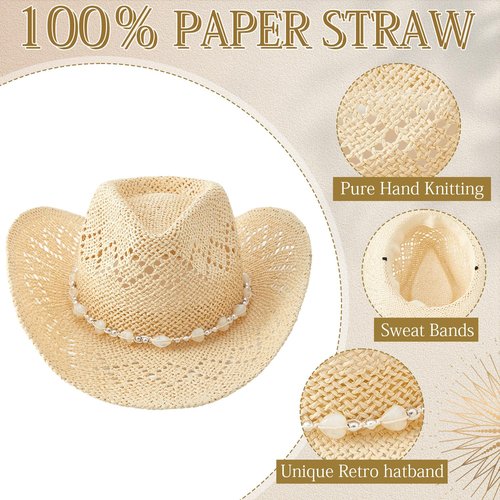 Cutecrop Felt Cowboy Hat for Women Men with 6 Replacement Hat Belts Wide Brim Western Hat for Party(Stylish) Beige