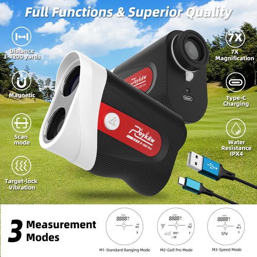 Roykaw Range Finder Golf Rangefinder with Slope, 1200 Yards Laser Range Finder, Rechargeable Range Finders for Golf/Hunting,7X Magnification,Flag Pole Lock Vibration, Self w/Magnet, Waterproof