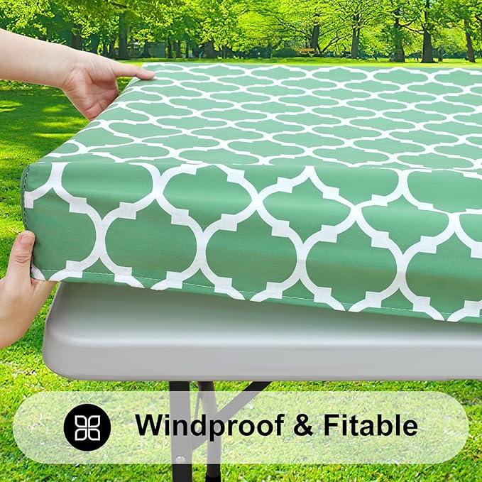 Smiry Rectangle Picnic Table Cover, Waterproof Elastic Fitted Camping Tablecloths for 4 Foot Tables, Wipeable Flannel Backed Vinyl Tablecloth Protector for Indoor, Outdoor (Sage Green, 24x48 Inches)