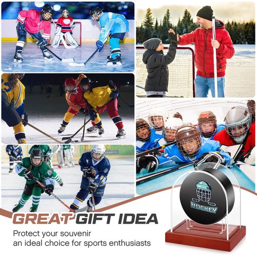 Wonderjune Clear Hockey Puck Display Case Acrylic Hockey Puck Holder with Wood Base Hockey Puck Display Stand for Autographed Collectibles Souvenir
