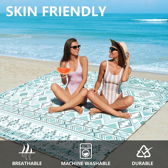 Beach Blanket Sandproof Extra Large Beach Mat Adults Waterproof Quick Drying Sand Free Mat Made by Premium Polyester with 4 Stakes & 4 Corner Pockets for Outdoor Travel Camping Hiking