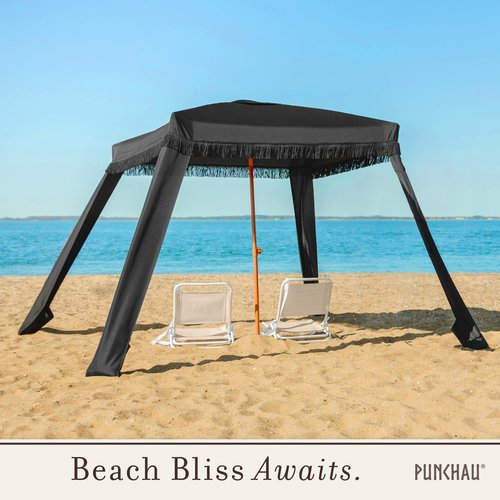 Punchau Beach Cabana with Fringe - 6x6 Ft Boho Shade Canopy Umbrella - Portable Beach Umbrellas for Sand with Carry Bag & Sandbag Pockets, Instant Sun Shade Tent - Black