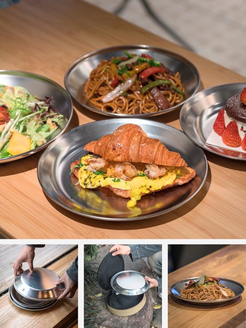 CAMPINGMOON Camping Plates 8pcs set Salad Side Dinner Plate Dishes Outdoor Tableware Stainless Steel with Canvas Case S397-2S