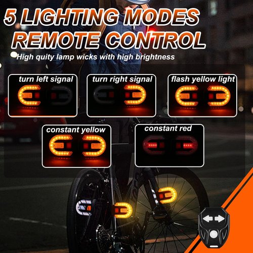 Bike Tail Light with Turn Signal, USB Rechargeable Bike Turn Signal Lights for Cycling, Remote Control Warning Bike Light 5 Mode